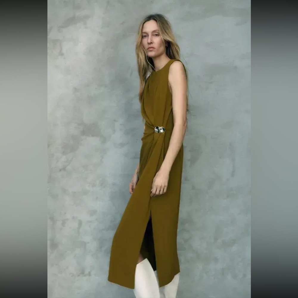 Zara Draped Midi Dress Olive Green Gold Hardware Sleeveless Minimalist Chic M